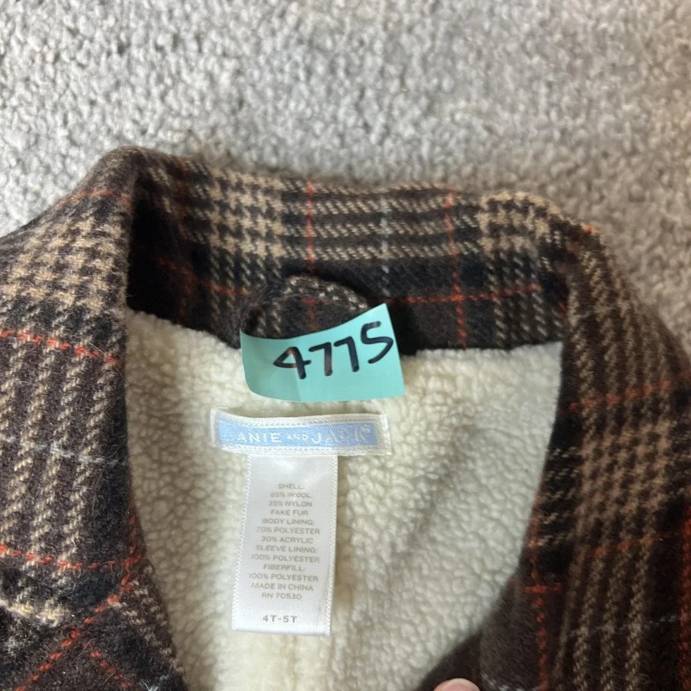 Janie And Jack Pea Coat Kids 4-5 Brown Plaid Wool Faux Fur Lined Winter‎ preppy - Picture 5 of 13